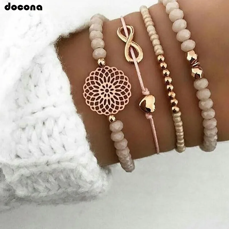 

docona Boho Heart Orange Beadeds Bracelet Set for Women Flower Chains Adjustable Bracelet Bangle Pulseiras Party Jewelry 4019