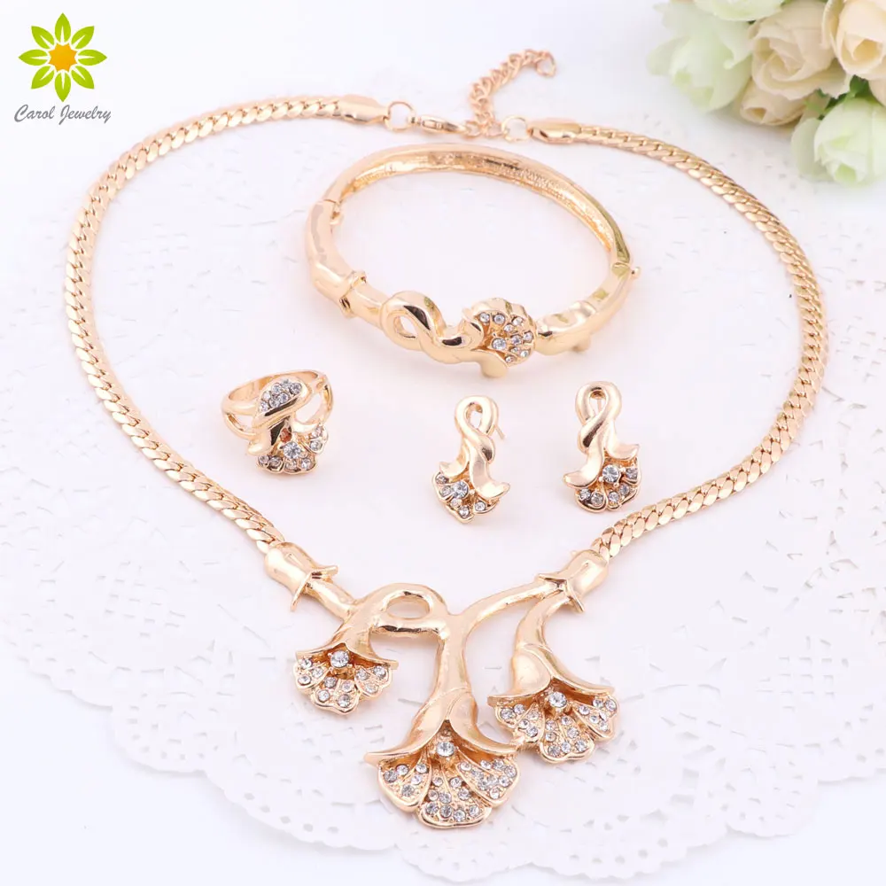 

Jewelry Sets For Women Fine Crystal Necklace Set African Beads Earrings Gold Color Flower Pendant Wedding Dress Accessories