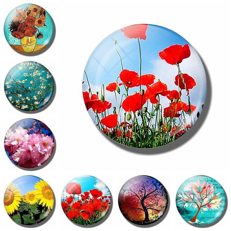 

Art Painting Glass Round Retro Flower Pattern Print Refrigerator Sticker Fridge Magnet Life Tree Poppy Flower Message Holder