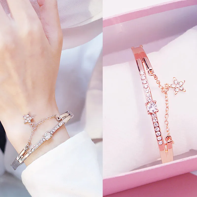 

INS Style Party Bride Hollow Out Star 1PC Bracelet Girls Silver Stainless Steel Heart Forever Love Chain Rose Golden Crystal