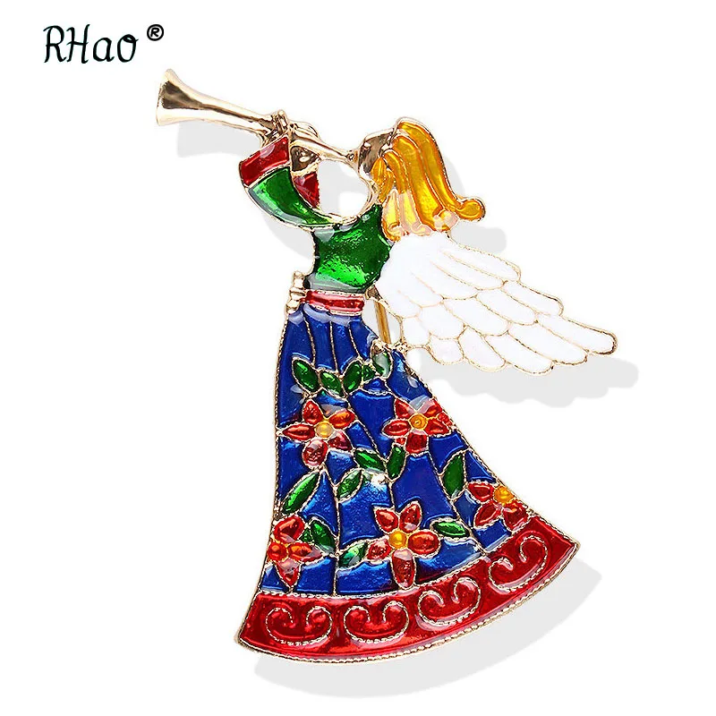 

RHao Figure Paved Brooch Multi color Enamel pins angel music Blowing horn Brooches for Women Men Girls Wings Brooch collar pins