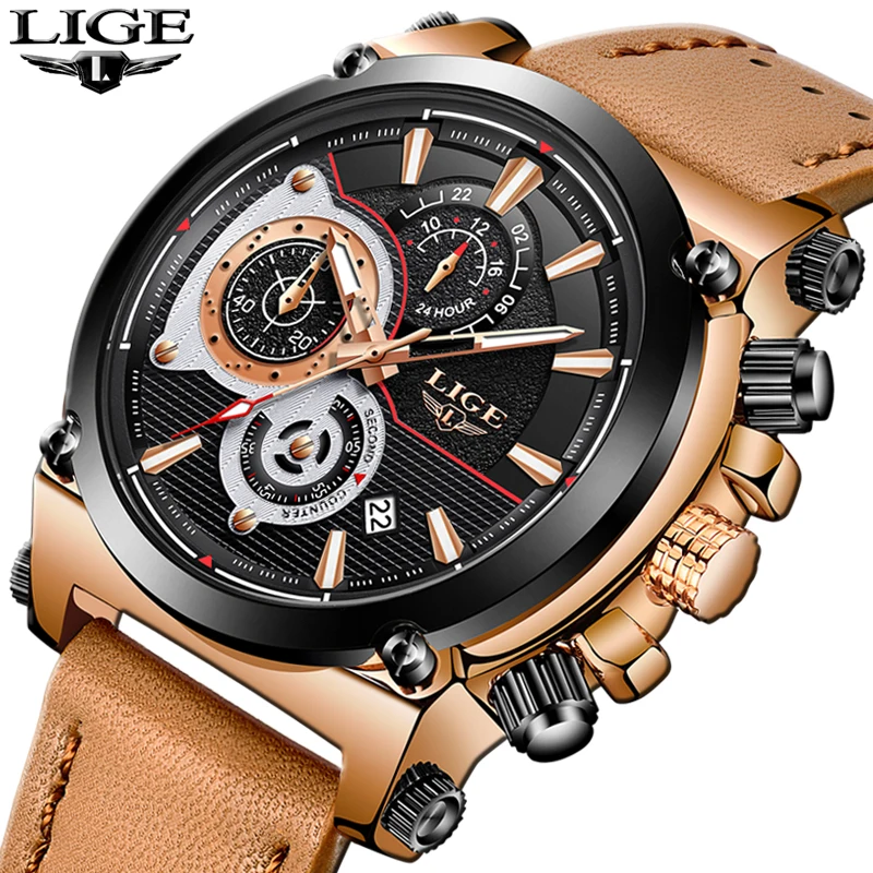 

New LIGE Mens Watches Top Brand Luxury Quartz Gold Watch Men Leather Casual Military Waterproof Sport Watch Relogio Masculino