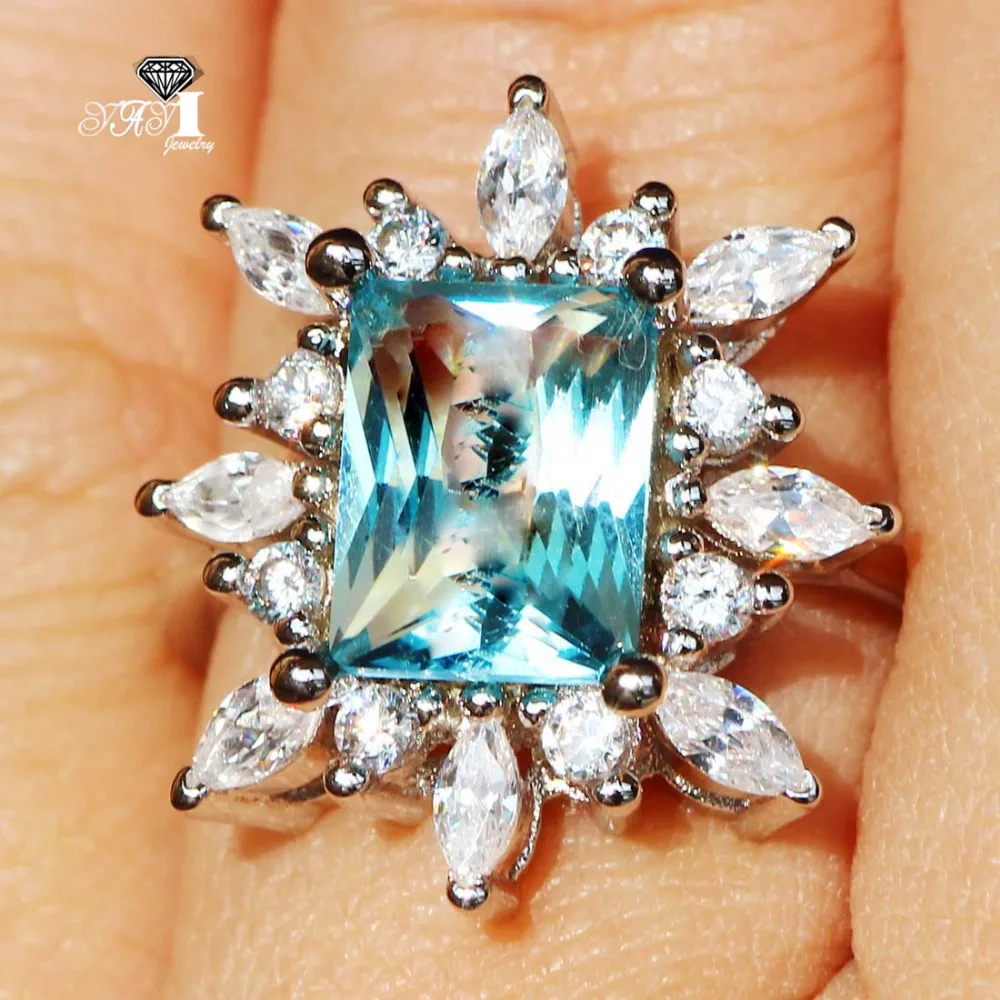 

YaYI Jewelry Fashion Princess Cut 5.4 CT Sea blue Zircon Silver Color Engagement Rings wedding Rings Party Rings