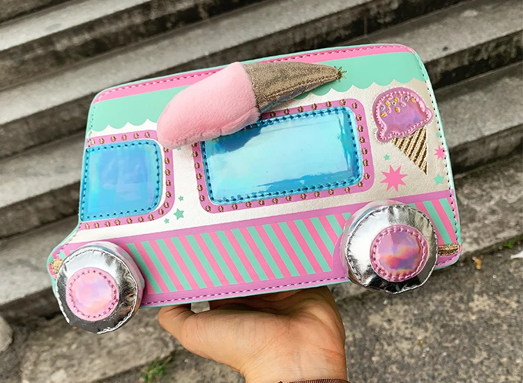 New Cute Cartoon Ice Cream Car Color Stripe Pu Young Girl's Shoulder Bag Handbag Crossbody Mini Bag Women Pouch Totes Bag Flap - Цвет: green with pink