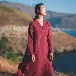 Осенью новый китайский Стиль Для женщин Ретро литературный ретро с длинным рукавом Cheongsam платье улучшилось платье Чонсам красный