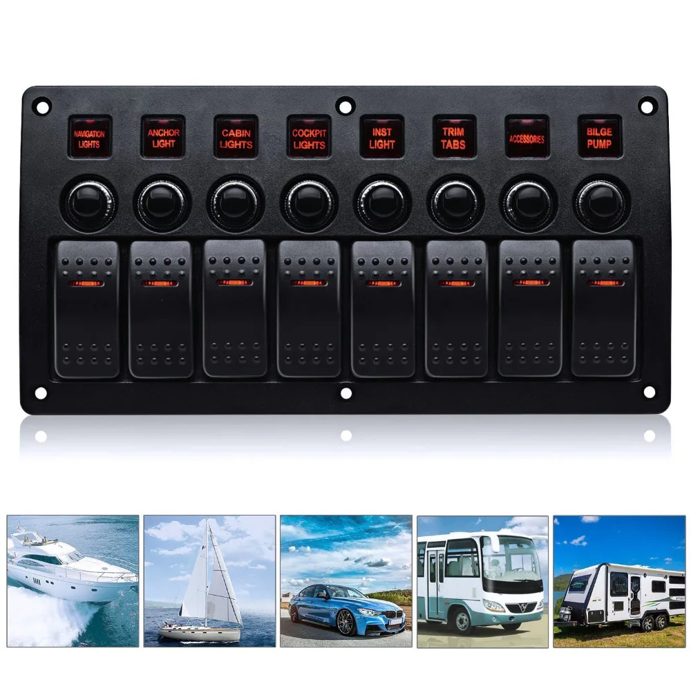 

8 Gang Car Marine Boat Rocker Switch Panel Dual USB Waterproof Power Socket Voltmeter Overload Protection for RV Car Boat