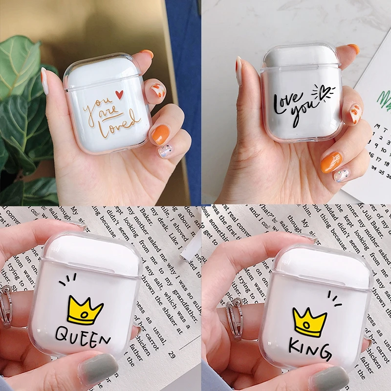 

King Queen Anti-fall Case Cover for Air pods Love you Transparent PC Headphone Cover for Apple Airpods 2 1 Protector Bags Cases