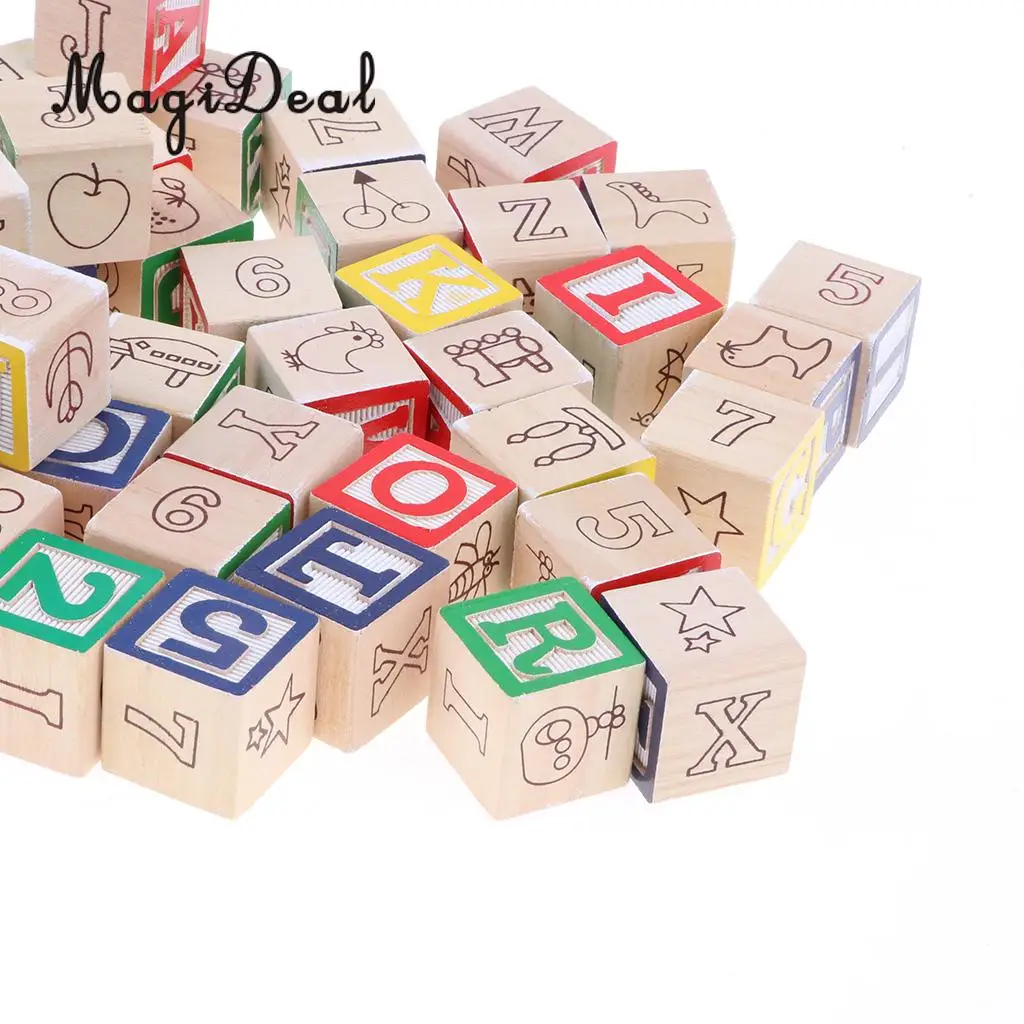 50Pcs Wooden Cartoon ABC Alphabet Numbers Math Learn Cube Blocks Stack Toddler Color Shape Cognition Educational Toy