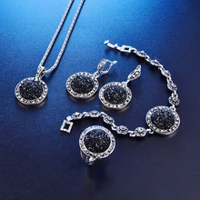 Модный 1 комплект, винтажный ювелирный набор с черным драгоценным камнем, женский ювелирный набор, античный серебряный кристалл, круглый камень, кулон, ожерелье, наборы