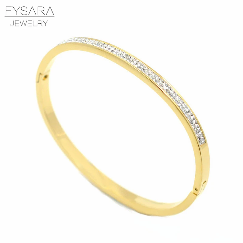 

FYSARA Row Rhinestone Crystals Paved Cuff Bracelet Stainless Steel Gold Bracelets & Bangles For Women Thin Bangles Wedding Gift