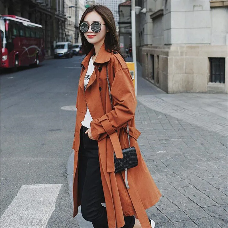Tranchée Solide Double Automne Rue Nouveau Baseball Orange Longue Couleur Manteau Femmes Breasted Manteaux Lâche Femelle Mode Casual HnIHw8Wqf