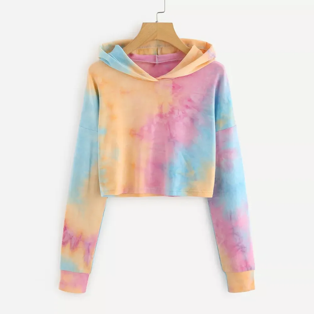 

New Autumn Women Hoodie Dyeing Printed Sweatshirt Long Sleeve Hooded Pullover Crop Tops Casual sweatshirt Female hoodies 2019