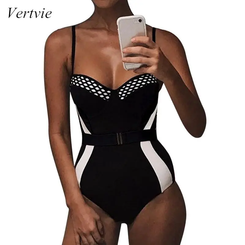 

Vertvie 2019 New Women Sexy Leopard Peint One Piece Swimsuit Snake Push Up Bathing Suit Solid Patchwork Bandeau BodySuits