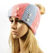 6 Цвет женщины Теплые Шерстяные Зимние Шапки PearlKnitted Меховая Шапка Для Женщины Раньше Государство Письмо Skullies & Шапочки