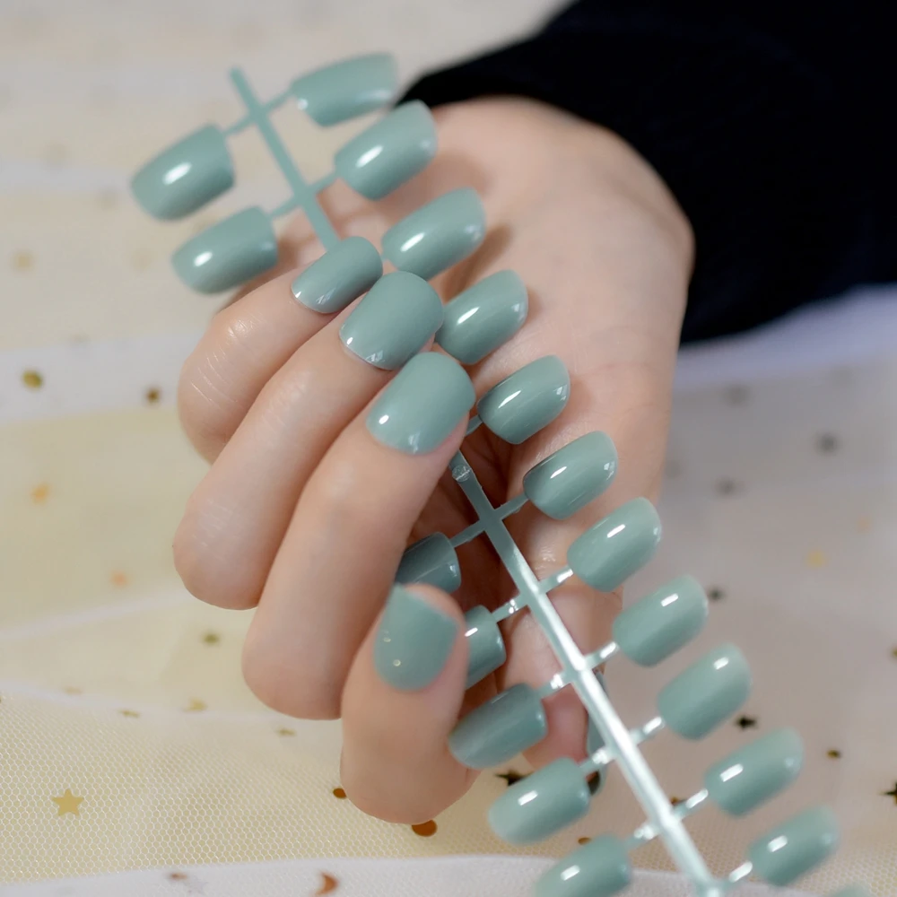 

24pcs Square Round False Nails Cream Green Pure Color Acrylic Nails Tips for Nail DIY Decoration Short