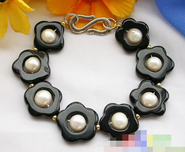 

08713 black agate carve flower white pearl bracelet