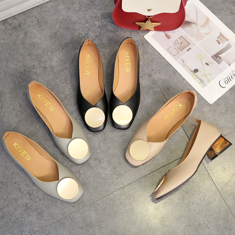 Plus Size 34-42 Women Dress Shoes Square Toe Medium Heels Pumps Gold Heels Shoes Woman Round Metal Boat shoes low 7350