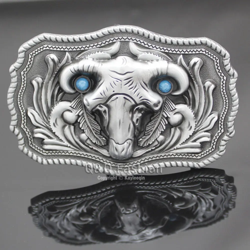 

Western Silver Baphomet Ram Skull Horn Sheep Turquoise Feather Belt Buckle Jewelry New