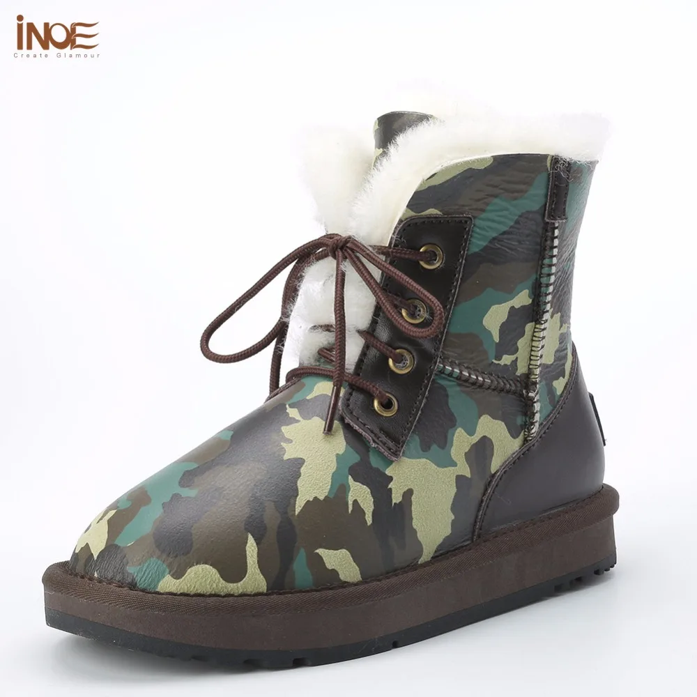 

INOE men lace-up ankle winter shoes fashion camouflage print snow boots real man sheepskin leather sheep fur lined non-slip sole