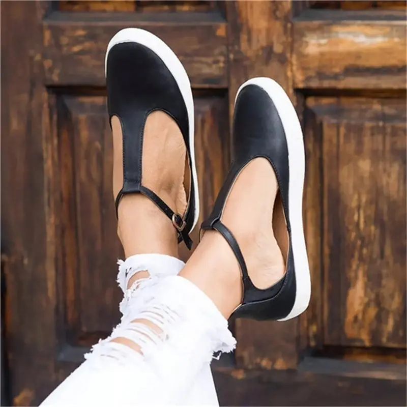 

2019 New Women Shoes Vintage Solid Loafers Shoes Round Toe Platform Flat Buckle Strap Casual Shoes Female Single Shoes
