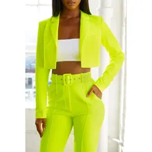 Fashion Neon Women Suit Slim Sashes Cropped Blazer And Pants Outfits Casual Autumn 2019 2 Pieces Ladies Suits