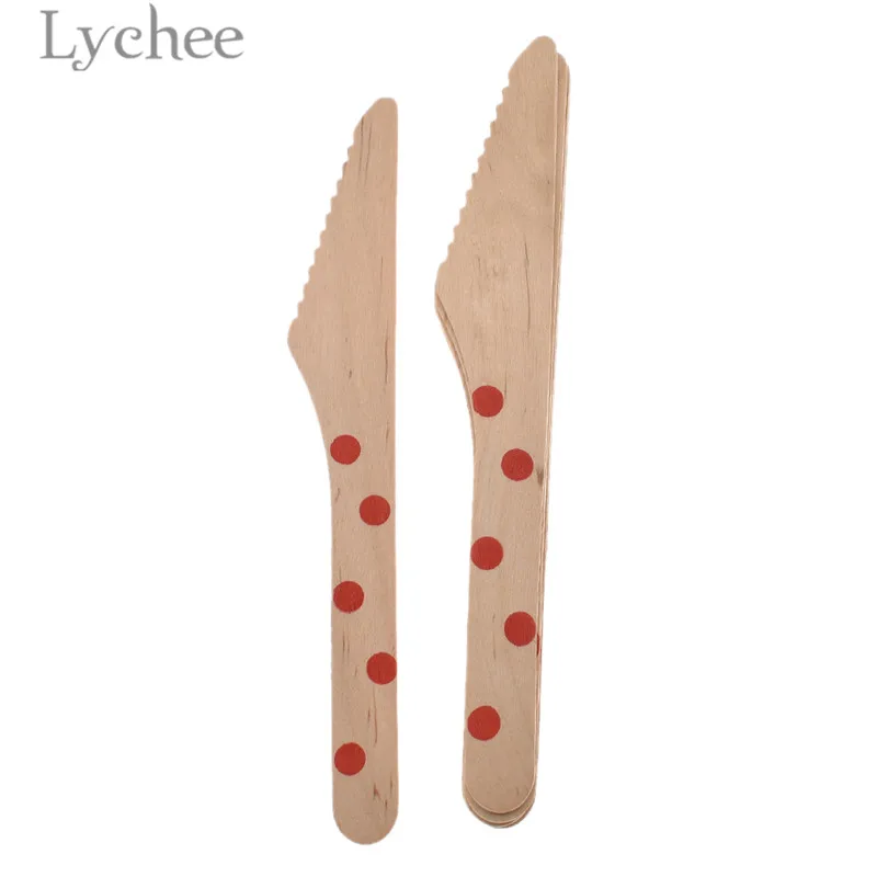 

Lychee 12pcs Disposable Wooden Tableware Sets Dot Pattern Dinnerware Home Party Favors Supplies
