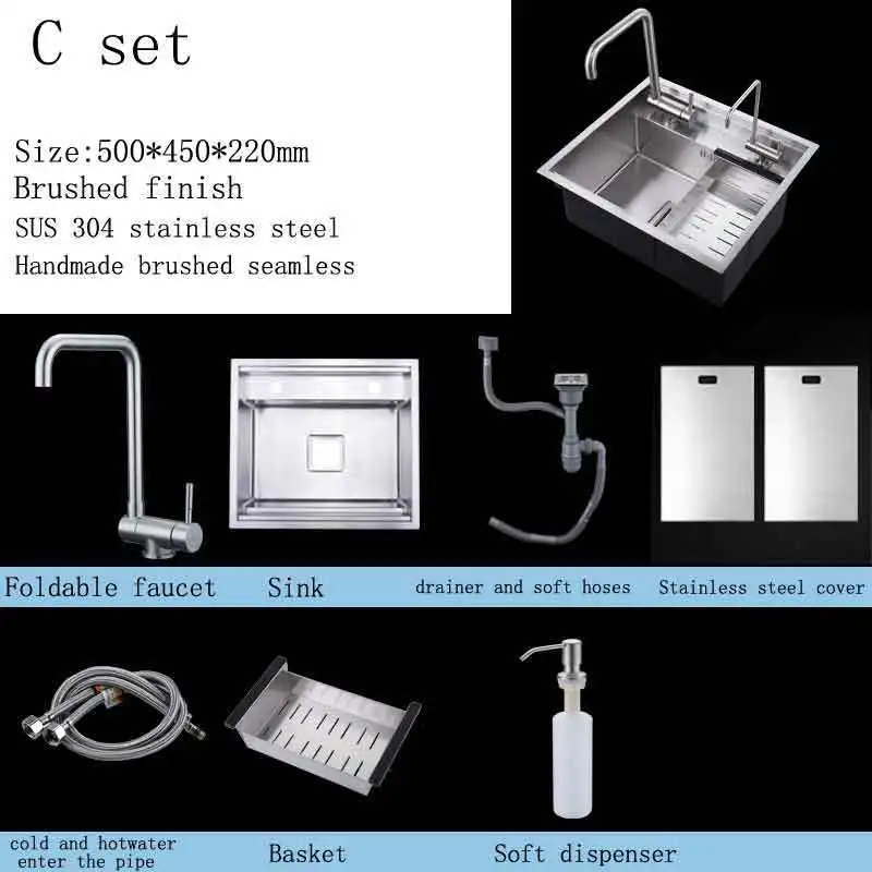 304 нержавеющая сталь кухонная раковина вручную один слот Скрытая xiancai бассейны с подъемным кран или складной кран - Цвет: C500x450x220