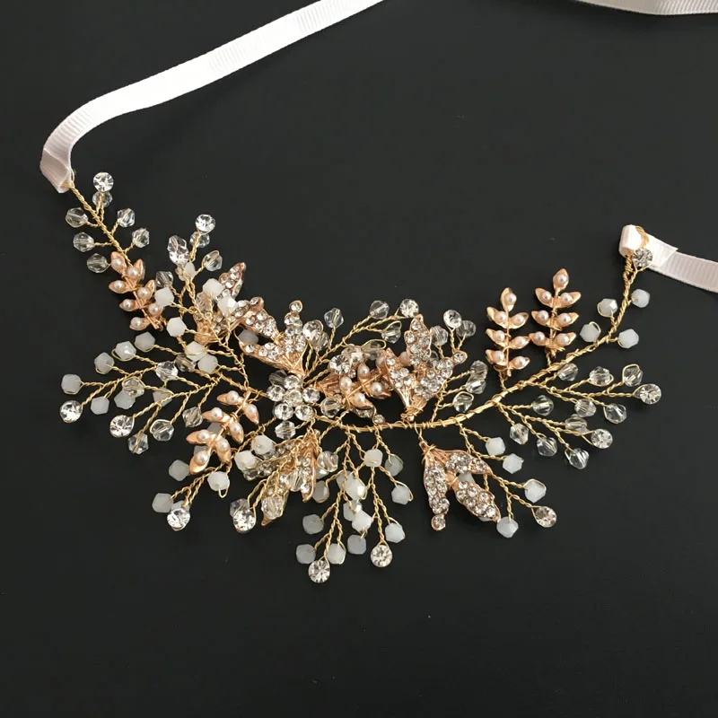 Floralbride Rose Gold Color Rhinestones Crystals Pearls Flower Wedding Headband Bridal Hair Vine Hair Accessories Women