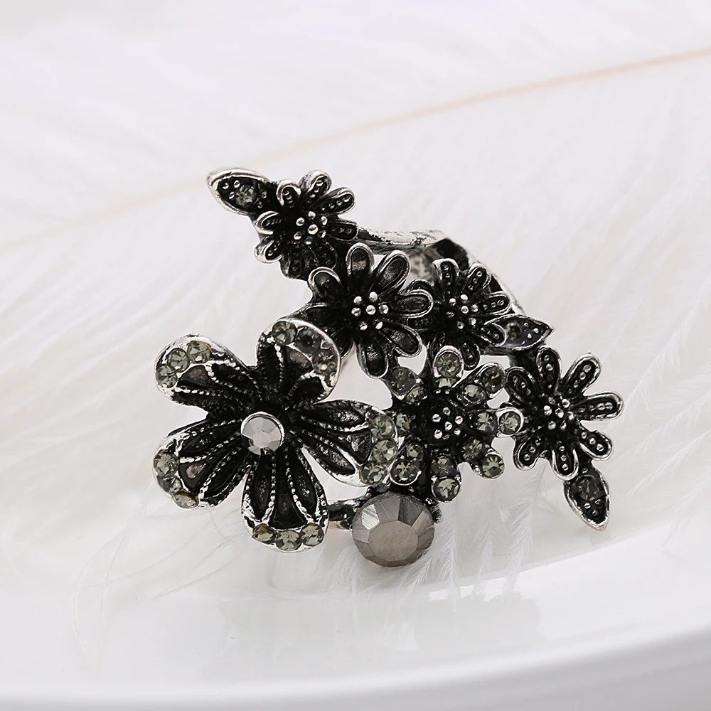 1 шт., новинка, модные вечерние женские ювелирные изделия в стиле панк, винтажные черные кристаллы, античный посеребренный большой цветок, хороший подарок для женщин