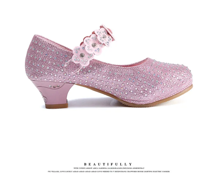 Cristal de Diamante Sapatos de Dança de Flores Infantis de Alta-salto Sapatos de Couro Meninas Sandálias Alto Sapatos Princesa Crianças 16 Flores Meninas Sandálias infantis de Alta-salto alto