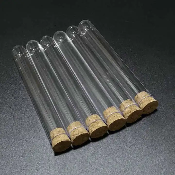 

5pcs/lot 20x150mm Transparent Plastic Round Bottom Test Tubes with cork stopper for School/Laboratory Glassware