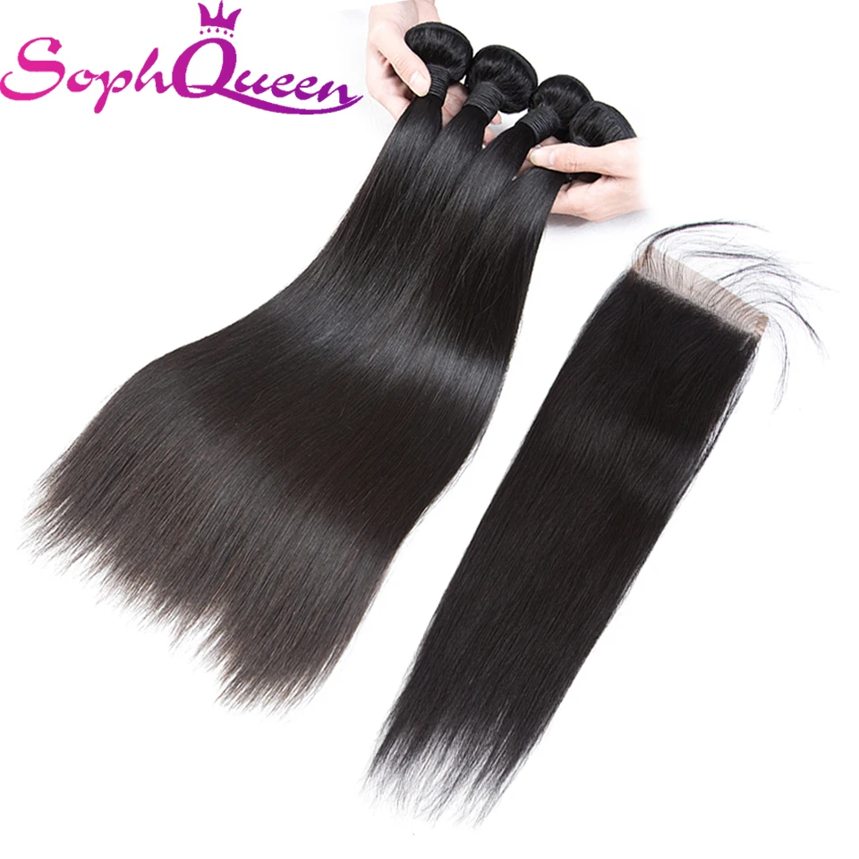 Соф королева волосы индийские прямые пучки с закрытием натуральные неокрашенные волосы Weave Связки с закрытием естественный цвет