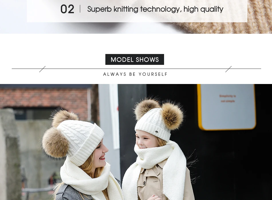 Parent-child Hat And Scarf Set Solid Winter Skullies Beanies With Fur Pompom High Quality Wool Knitted Hat Caps Children (8)