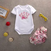 2 предмета, Одежда для новорожденных с цветочным рисунком Боди с короной для девочек, шорты и штаны, комплект одежды для детей от 0 до 12 месяцев