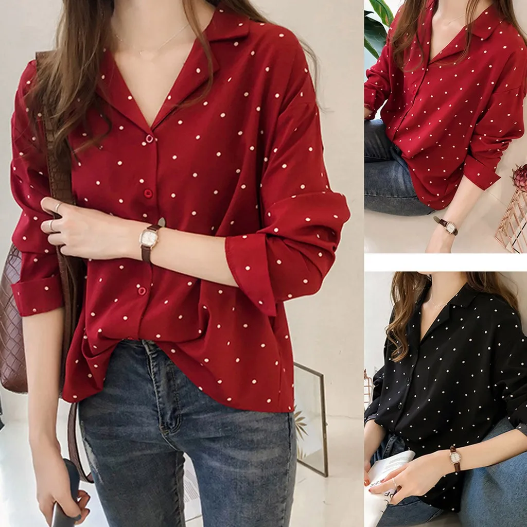 

Office Wear Womens Vintage Blouse Dots Printed Long Sleeve Fit Slim red black Tops daily Modis Casual Shirt Chemise Femme#ss