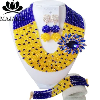

Majalia Fashion Nigeria Wedding African Beads Jewelry Set Royal blue and Yellow Crystal Necklace Bridal Jewelry Sets 10CS0013