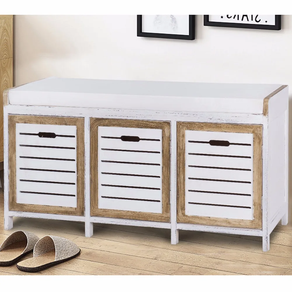 Giantex Shoe Stool Storage Bench 3 Storage Organizer Bench Cushion Seat Ottoman Hallway Living Room Furniture HW57056