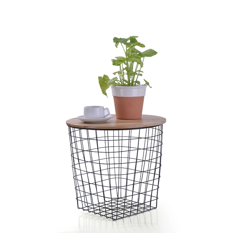 Metal iron wire storage tea table with wood top spot iron tea basket table multifunction net storage table Metal iron wire storage tea table with wood top spot iron tea basket table multifunction net storage table