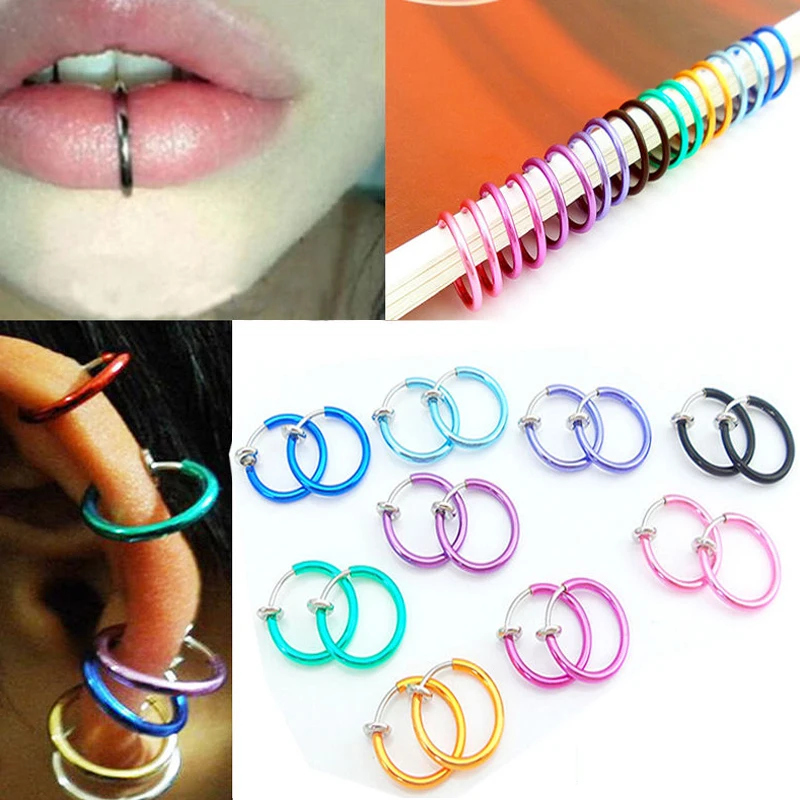 

LNRRABC 2 Pcs Women Chic Personality Hot Trendy Punk Fake Stud Earrings Body Piercing Nose Lip Rings Hoop Ear