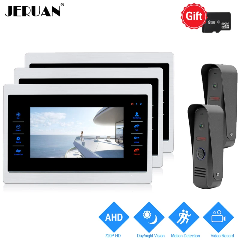 

JERUAN 1.0MP 720P Motion Detection 7`` LCD Video Door Phone Intercom System 3 Record Monitor +2 AHD Waterproof Mini Camera 2V3
