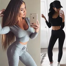 Лидер продаж, 2 шт., женский эластичный тренировочный костюм для йоги, фитнеса, спортзала, бега, спорта, футболка с длинным рукавом, укороченные топы, брюки в Имперском стиле, леггинсы