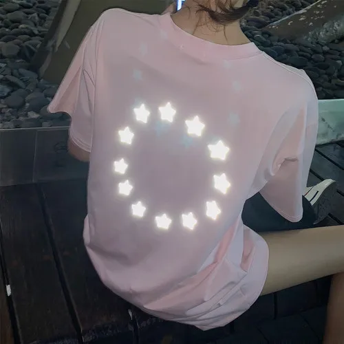 

Harajuku Women Summer Korean Style of the Loose Hip Hop Cec Letter Five-pointed Noctilucous Star Print Shiny Reflective T-shirt