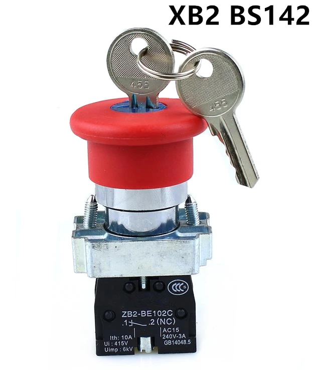 

XB2-BS142 mushroom head emergency shutdown power button switch 1NO & 1NC key lock start reset button switch