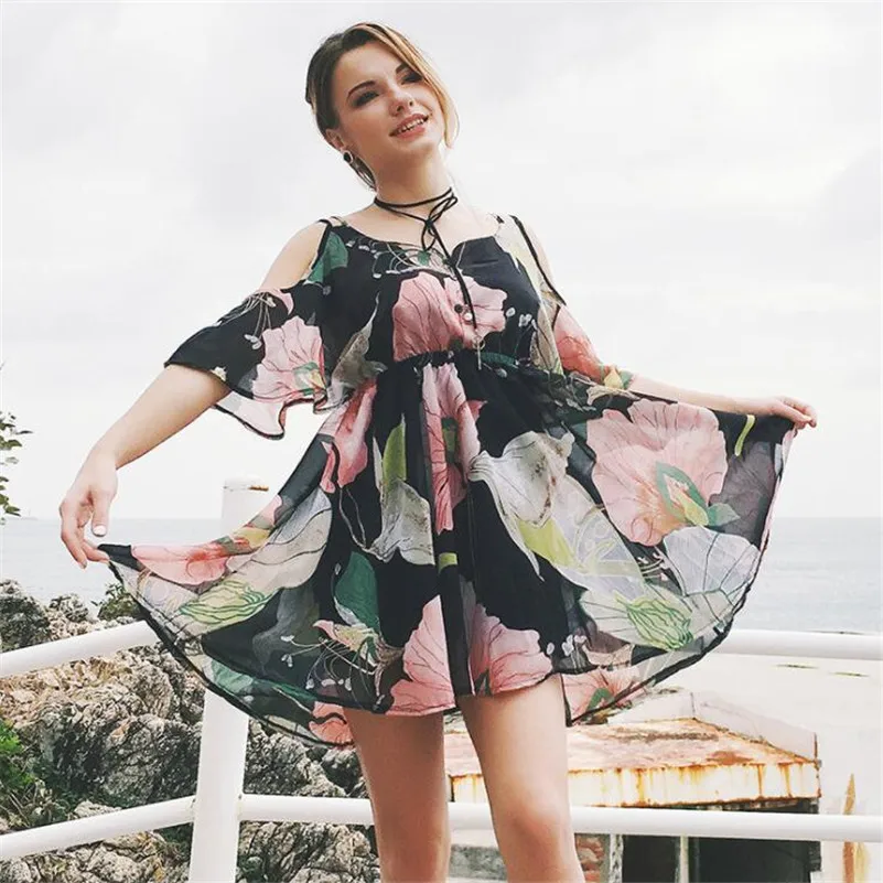 Casual Beach Vacation Dress Cold Shoulder Ruffle Print Summer Dress Women High Waist Strap Chiffon Dress Party Sexy dresses (4)