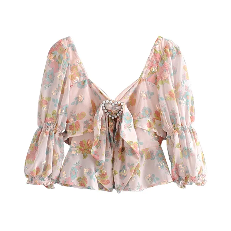 

CS600 New Ladies Chiffon Floral Print Sequines Deco Front Heart Ring Deco Slim Short Blouse Blusas tops