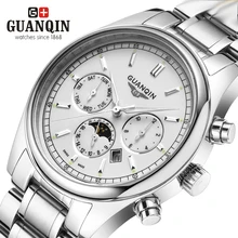 Ouro marca GUANQIN Homens Relógio Fase Da Lua Luminosa À Prova D’ Água 30 m Luminous Quartz Relógio de Luxo relógio de Pulso Analógico de Exibição Semana
