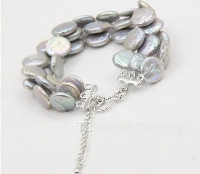 

Free Shipping >> 7"-9.5" 3row 12mm coin fastener gray pearls bracelet