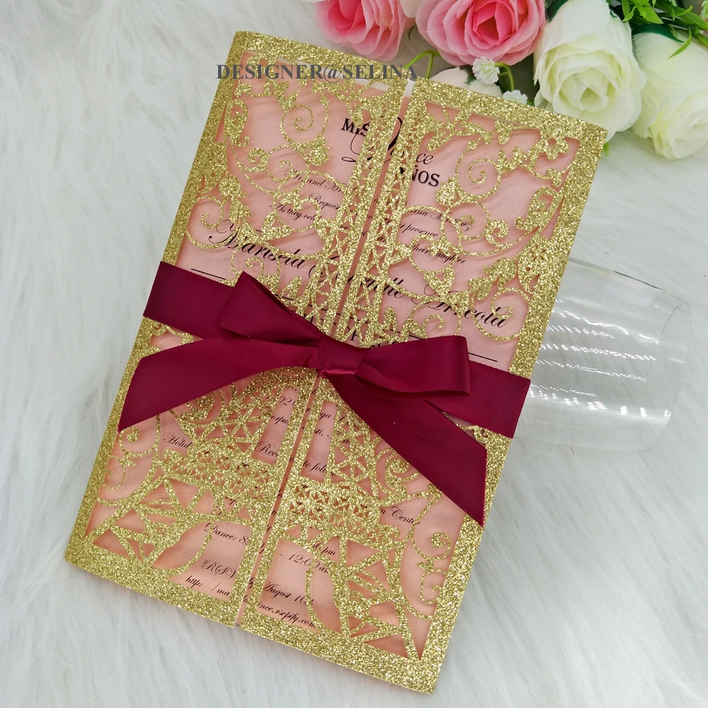 

Tower Glitter Wedding Invitations with Ribbon & Envelope Gold Laser Cut Invitation for Quinceanera DIY Invites 50pc/lot