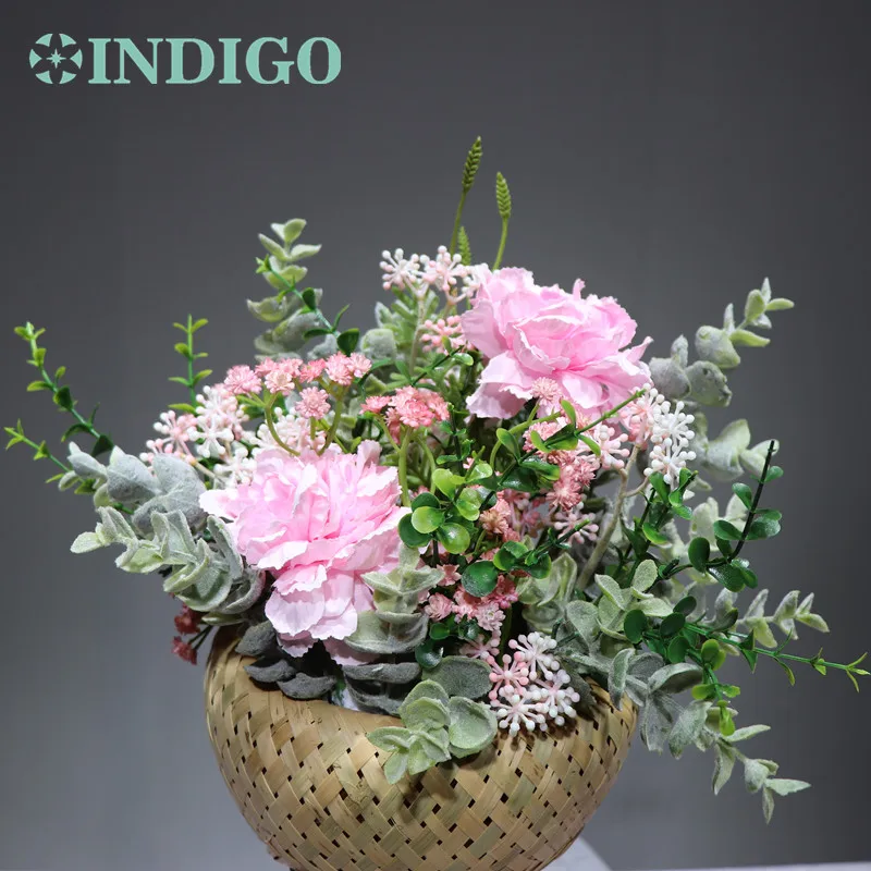 

INDIGO- Tea Table Pink Flower Arrangement With Basket Gift Bouquet Artificial Bonsai Event Centerpiece Free Shipping