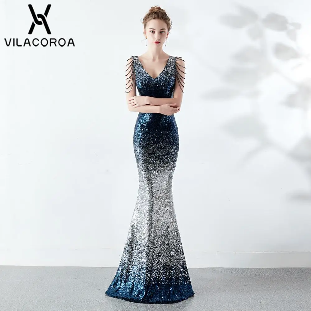 

Crystal Drill Chain Sexy Gradient Party Dress Women V-Neck Strapless Sequin Maxi Fishtail Dress Vestidos Grande Taille Femme
